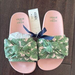 NWT Janie and Jack Pink Pool Beach Slides Sandals with Green Palm Print Pattern